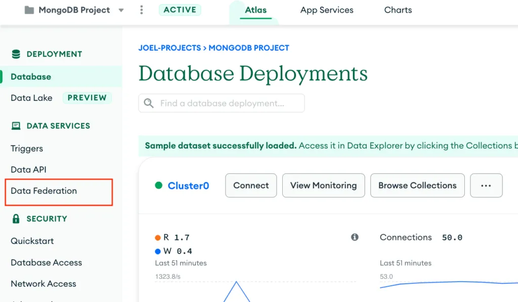 Screenshot from the MongoDB Atlas cluster overview page with a red box highlighting the Data Federation navigation button on the right side of the screen.