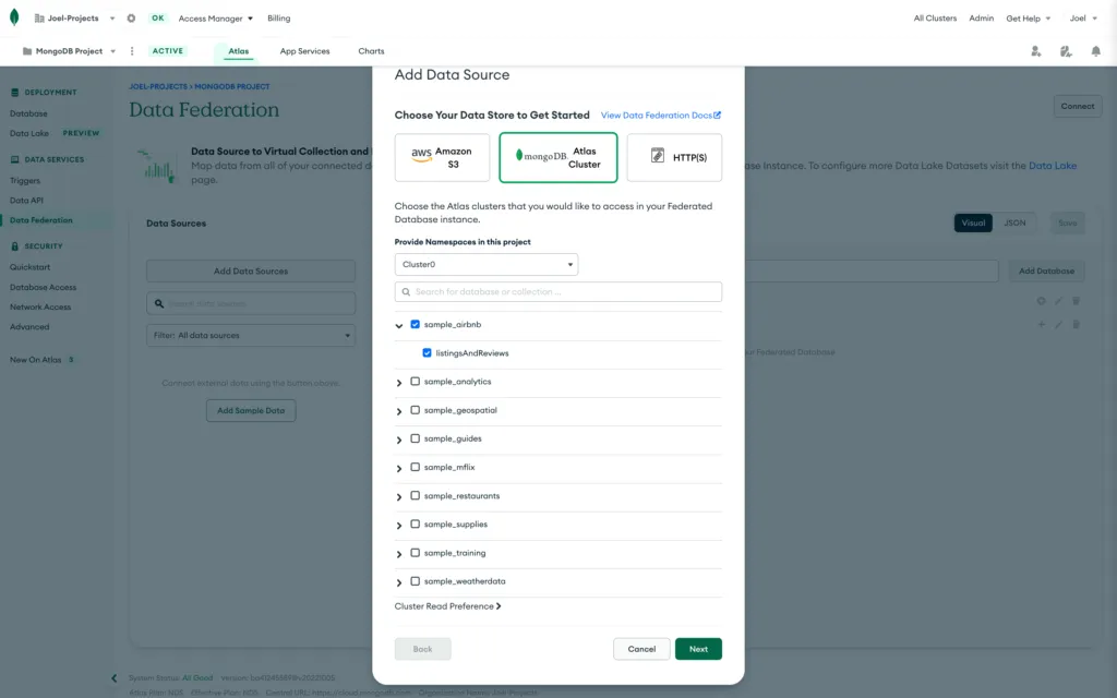 Screenshot from the MongoDB Atlas Data Lake creation modal showing how I filled in the form for this demo.