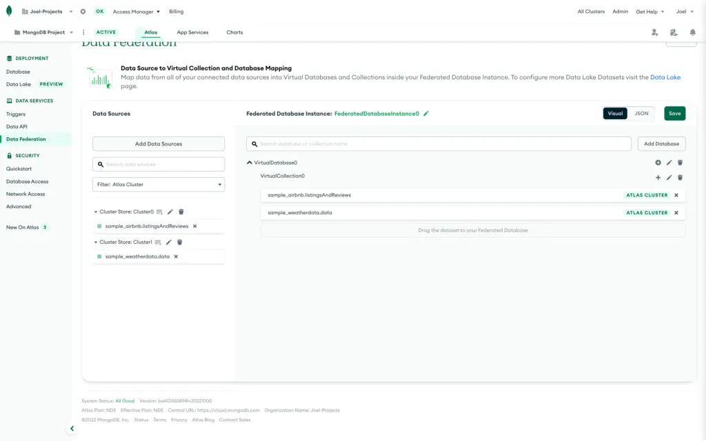 Screenshot from the MongoDB Atlas Data Lake overview page with a red box highlighting the data sources we created in the previous step and how I positioned them in the data federation.