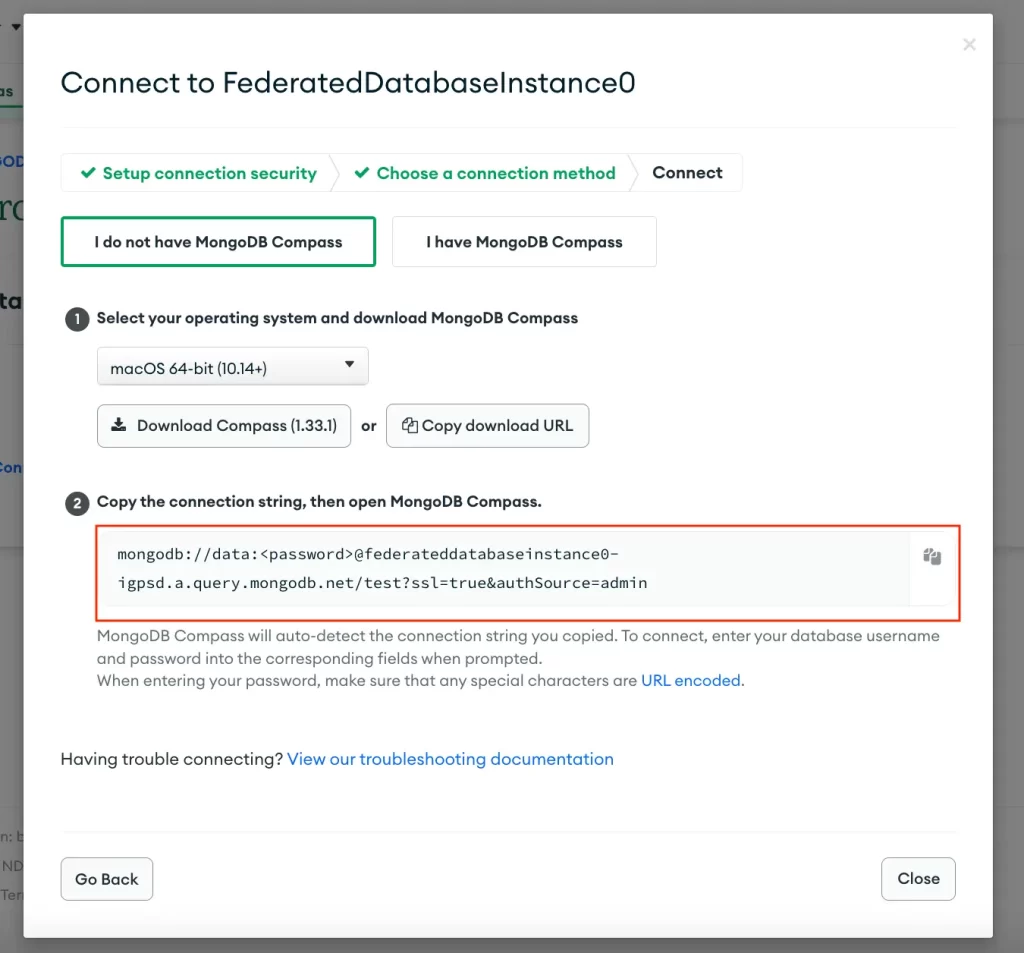 Screenshot from the MongoDB Atlas Data Federation connection modal with a red box highlighting your connection string that you will use to connect to your virtual database