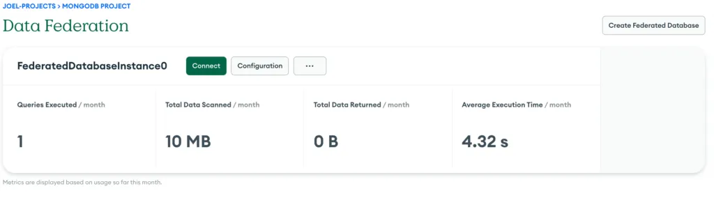 Screenshot from the MongoDB Atlas Data Federation overview page showing the information for our new virtual database.