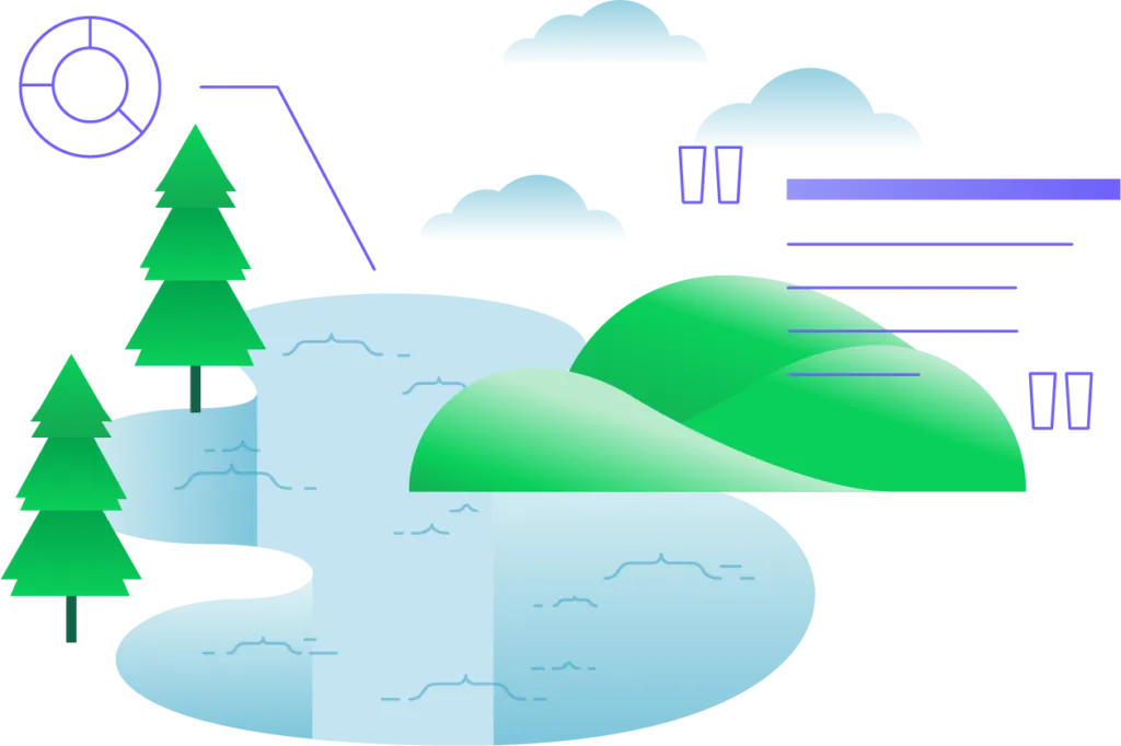 MongoDB Atlas Data Lake design graphic showing a lake with JSON brackets for waves and a sample data overlay.