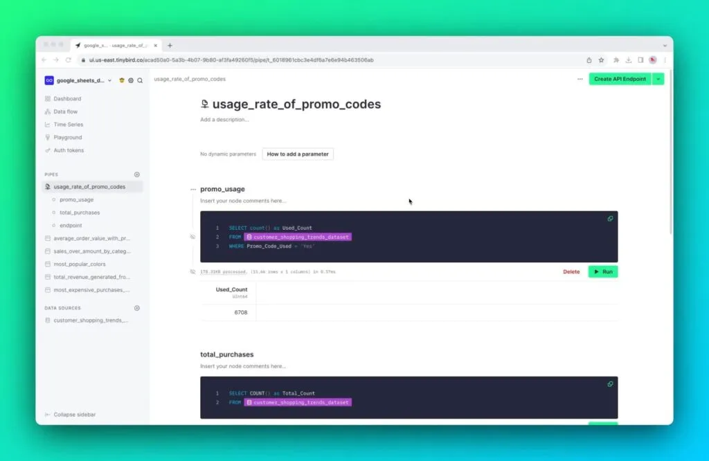 Tinybird SQL pipe querying customer shopping trends with API endpoint