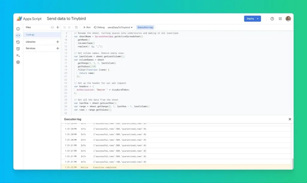 Google Apps Script editor with Tinybird data sync code and execution log