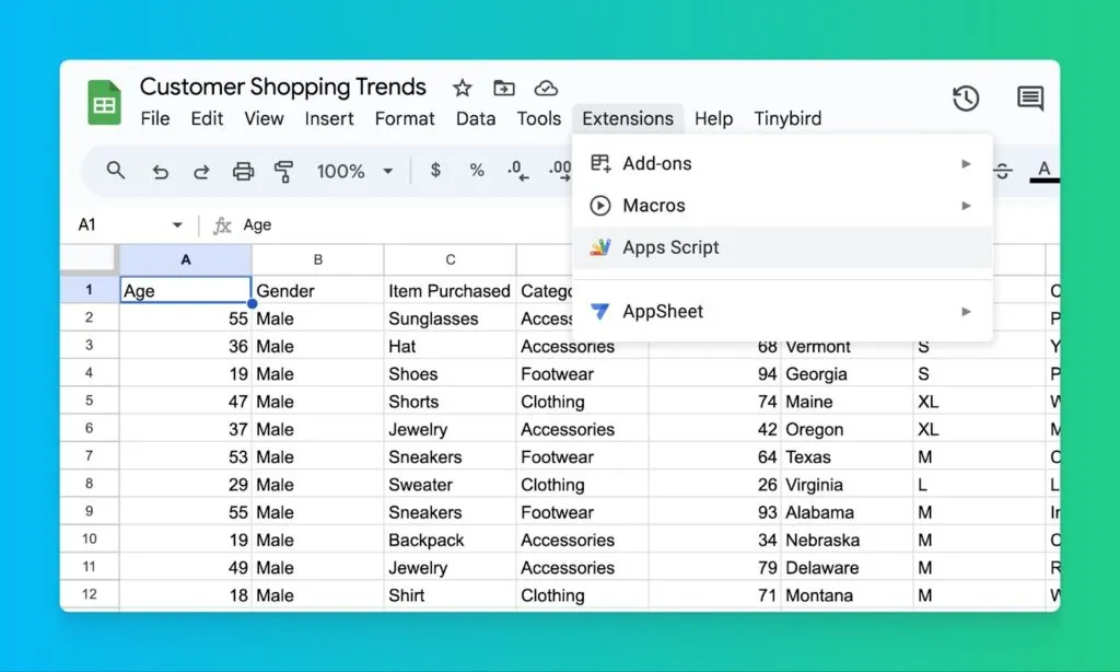 Google Sheets Extensions menu showing Apps Script option with shopping data