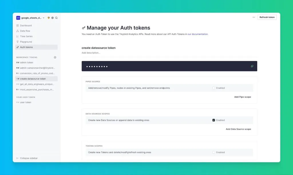 Tinybird Auth Tokens page showing the create datasource token to copy