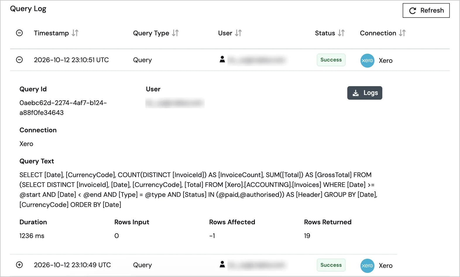 The CData Connect AI Query Log with one Xero query expanded. The details show the query ID, the user (blurred), the Xero connection, the full SQL query against the Xero Invoices table, a duration of 1,236 ms, and 19 rows returned. Collapsed rows above and below show the timestamp, query type, user (blurred), Success status, and connection.