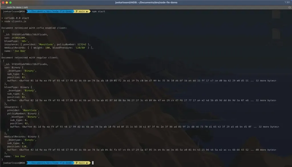 screenshot of the terminal that shows that encrypted fields cannot be read from a regular client.