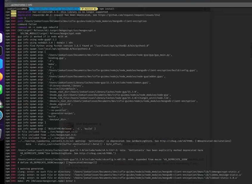 Terminal showing npm install errors for libmongocrypt static linking