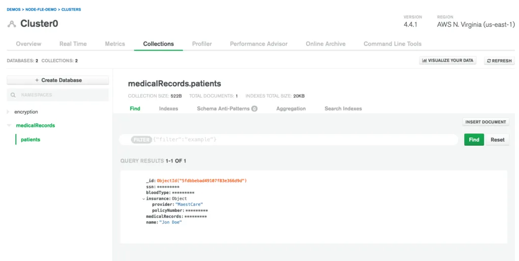 MongoDB Atlas showing encrypted patient record with SSN, bloodType, and medicalRecords fields masked