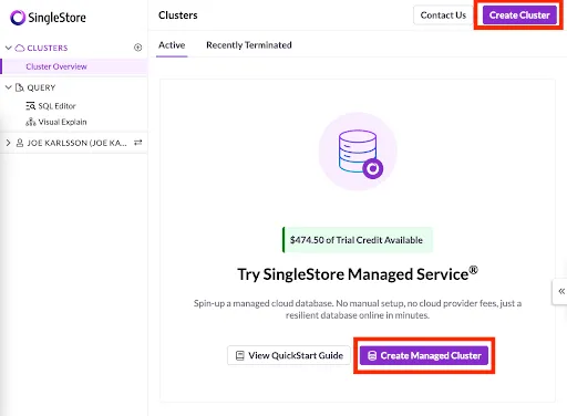 SingleStore portal with Create Cluster and Create Managed Cluster buttons highlighted