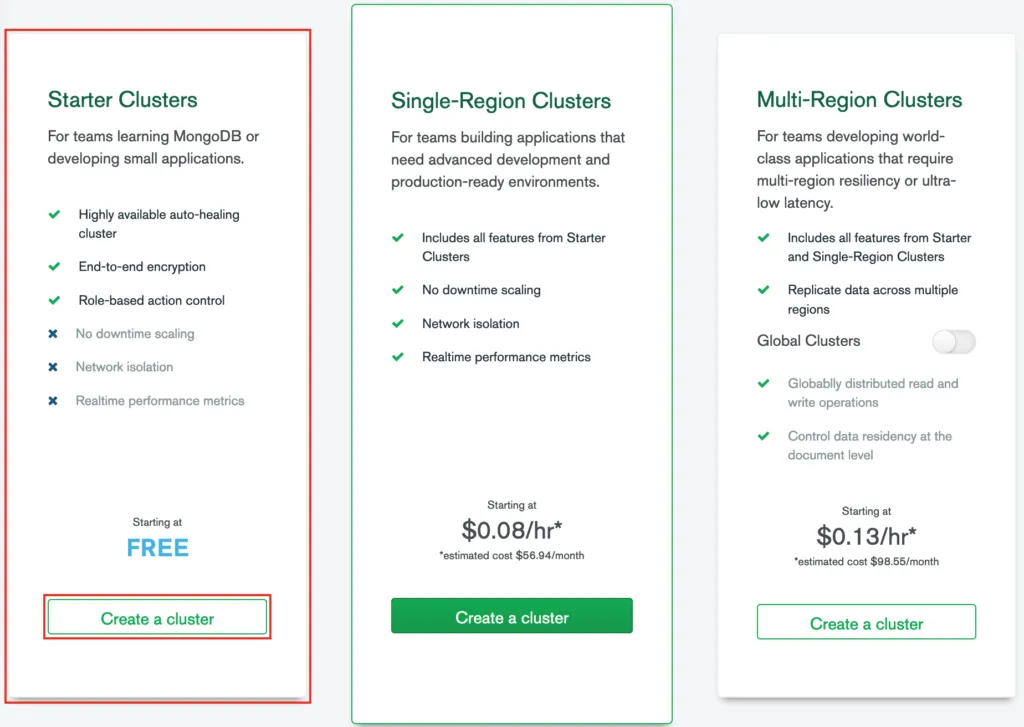 MongoDB Atlas cluster tier selection showing free, shared, and dedicated options