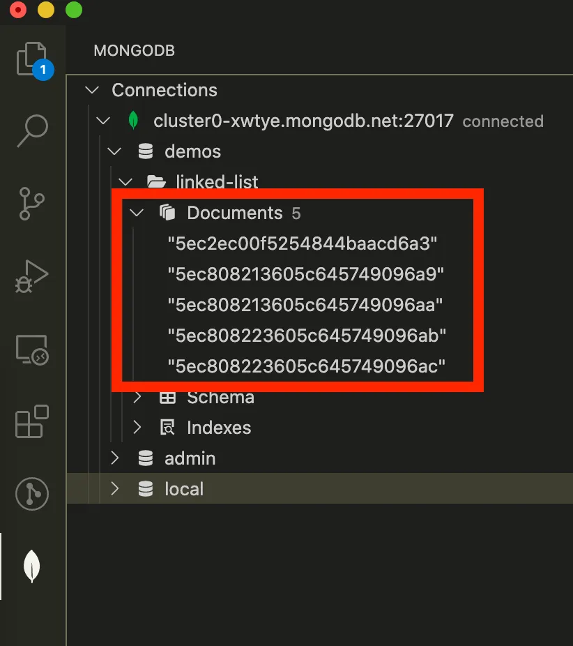 VS Code MongoDB sidebar showing document IDs in a collection