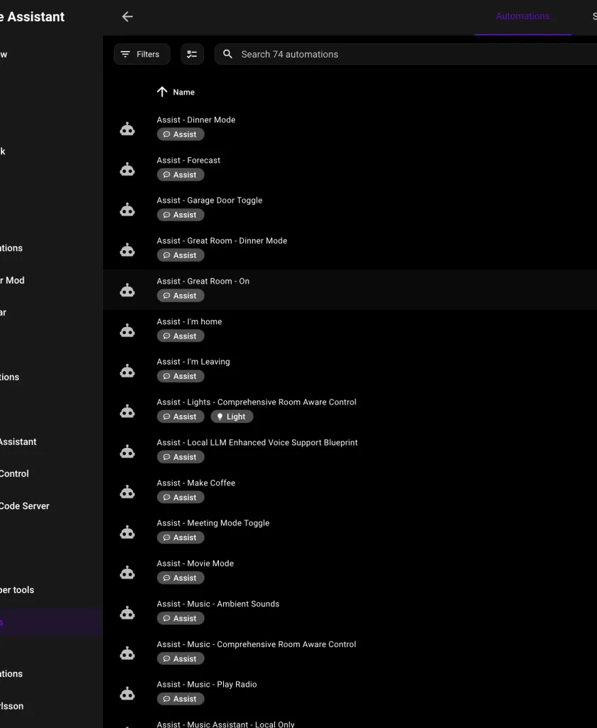 Home Assistant automations list showing voice assist commands