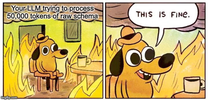 Meme showing the 'This is fine' dog sitting calmly in a room on fire. Caption added: 'Your LLM trying to process 50,000 tokens of raw schema.' Dog says 'This is fine'.
