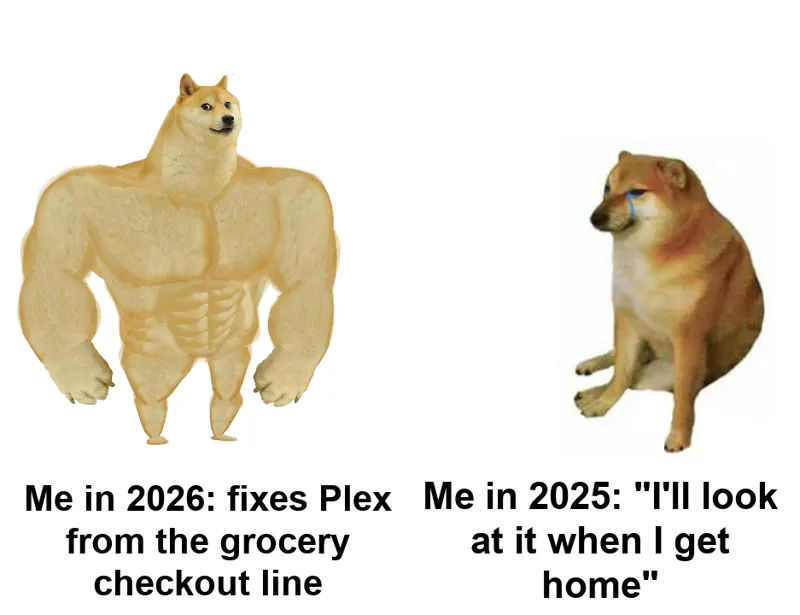 Buff Doge vs. Cheems meme: Buff Doge labeled "Me in 2026: fixes Plex from the grocery checkout line" next to a crying Cheems labeled "Me in 2025: I'll look at it when I get home"
