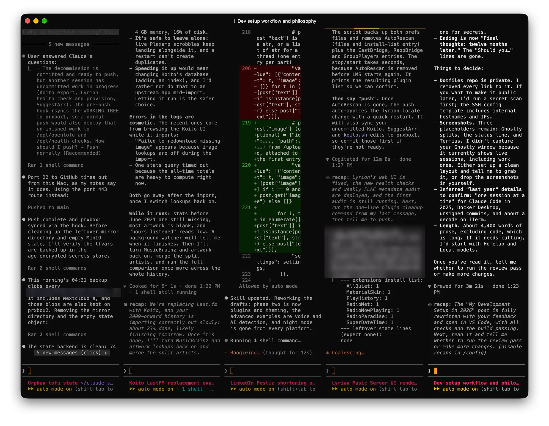 A Ghostty window split into five panes, each running its own Claude Code session on a different task, with a status line under each pane naming the task