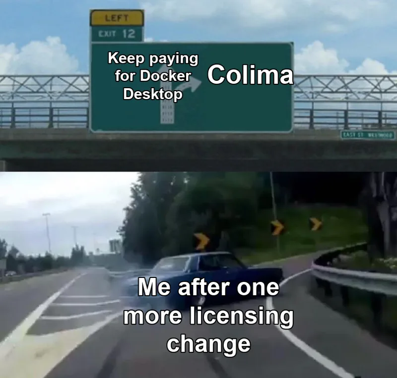 Left Exit 12 Off Ramp meme: the highway sign reads "Keep paying for Docker Desktop" straight ahead and "Colima" on the exit, and a car labeled "Me after one more licensing change" swerves onto the exit