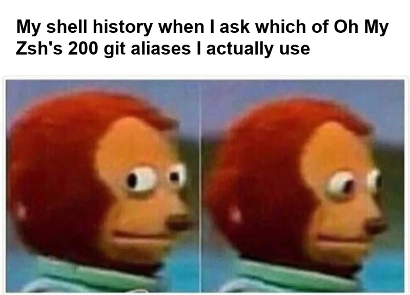 Monkey Puppet meme: the puppet glancing away awkwardly, captioned "My shell history when I ask which of Oh My Zsh's 200 git aliases I actually use"