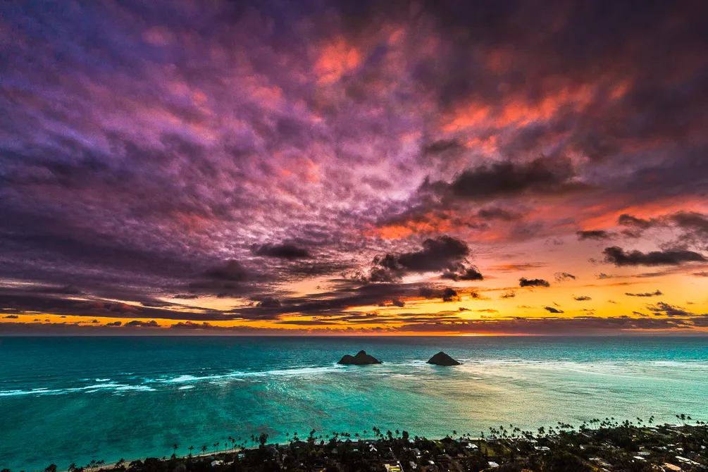 Vibrant sunset over Lanikai Beach with the Mokulua Islands