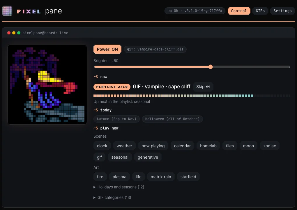 The PixelPane control page: a live preview of the panel, power and brightness, what is playing now and next, the active Autumn and Halloween themes, and Play now buttons for every scene