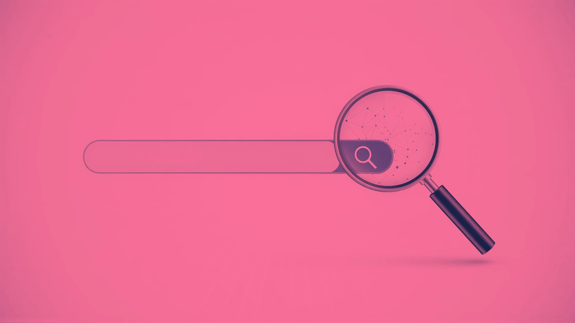 Pink magnifying glass over a search bar, representing SEO and search visibility