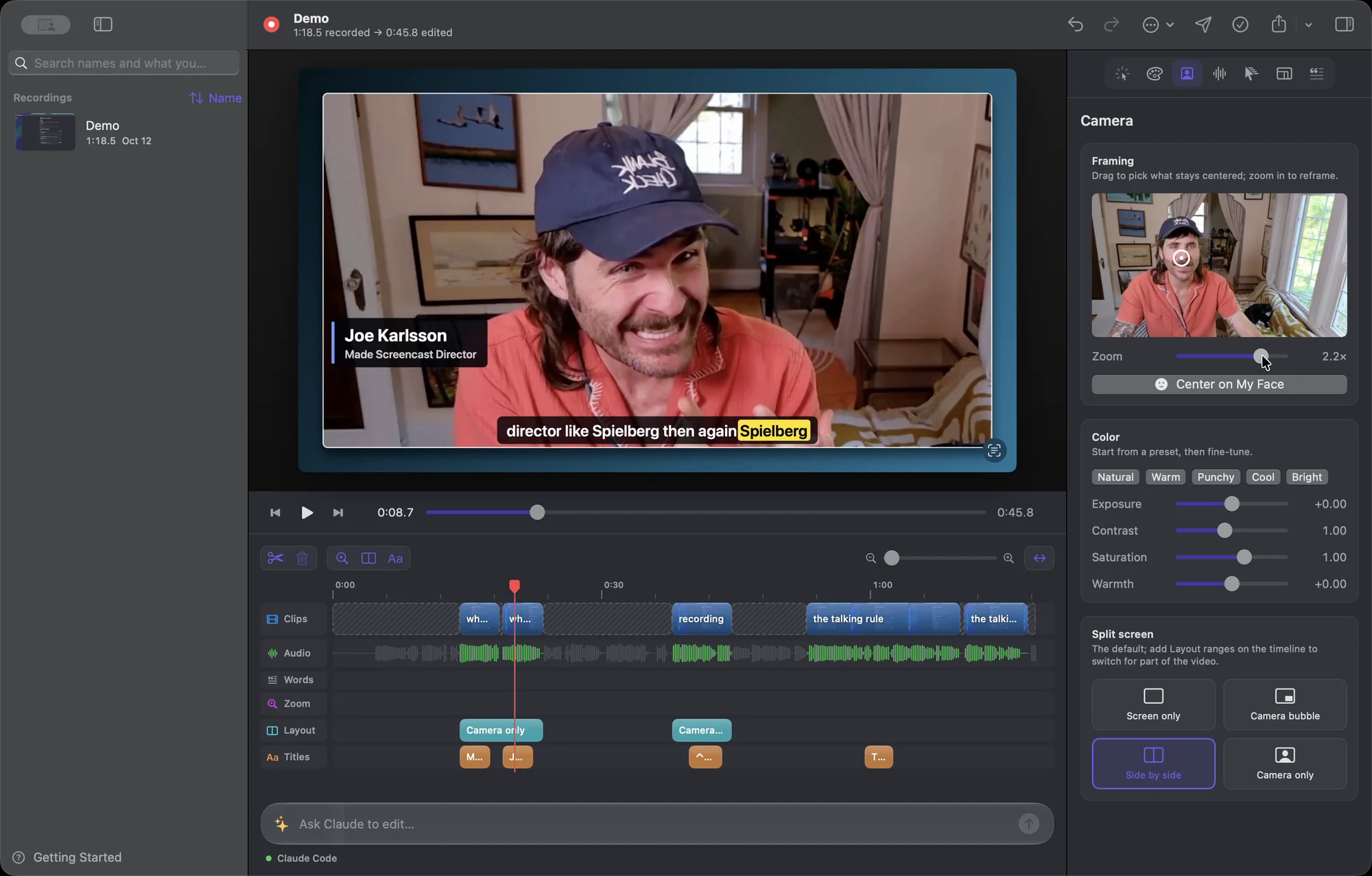 The Screencast Director editor with my face filling the preview under a Joe Karlsson lower third, the camera framing and color inspector, and a timeline of clips, layouts and titles