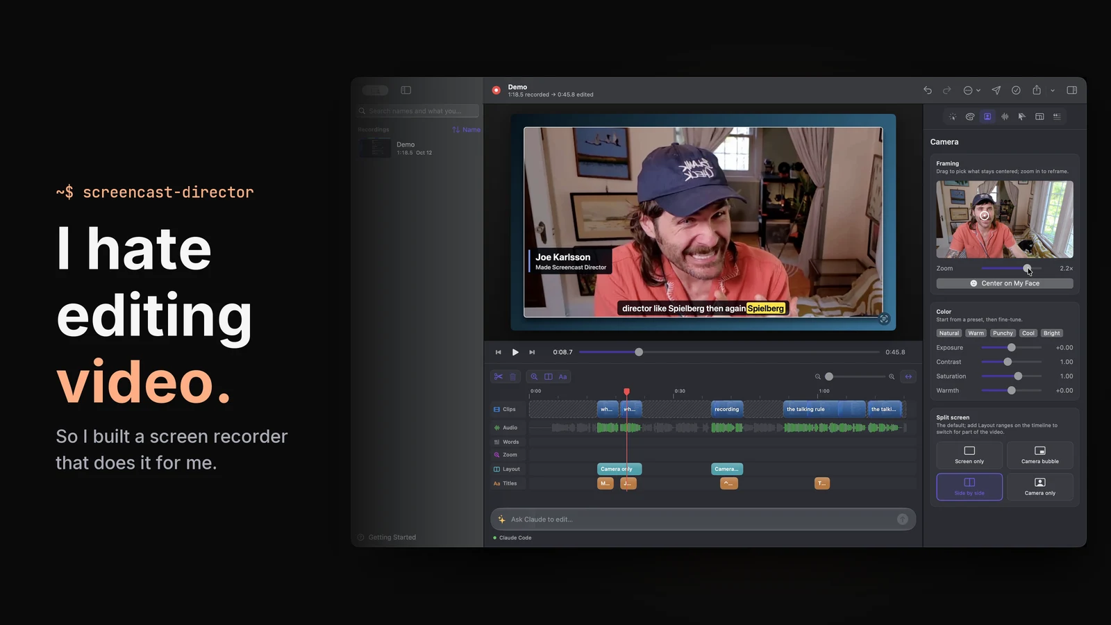 I hate editing video, so I built a screen recorder that edits for me