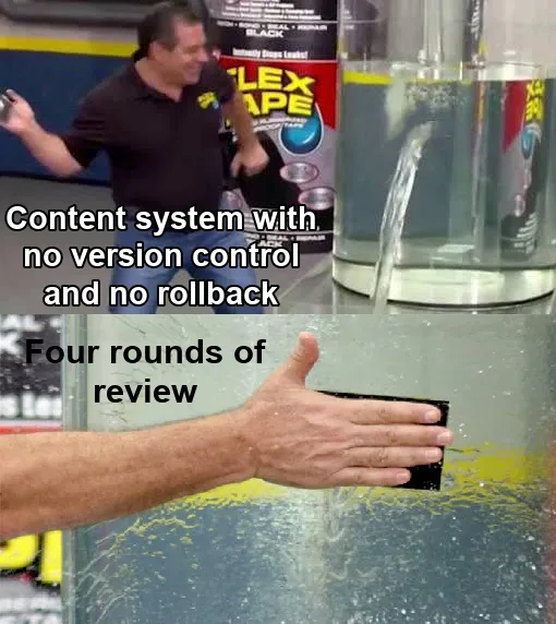 Flex Tape meme: a tank leaking water is labeled 'Content system with no version control and no rollback', and the hand slapping Flex Tape over the leak is labeled 'Four rounds of review'.
