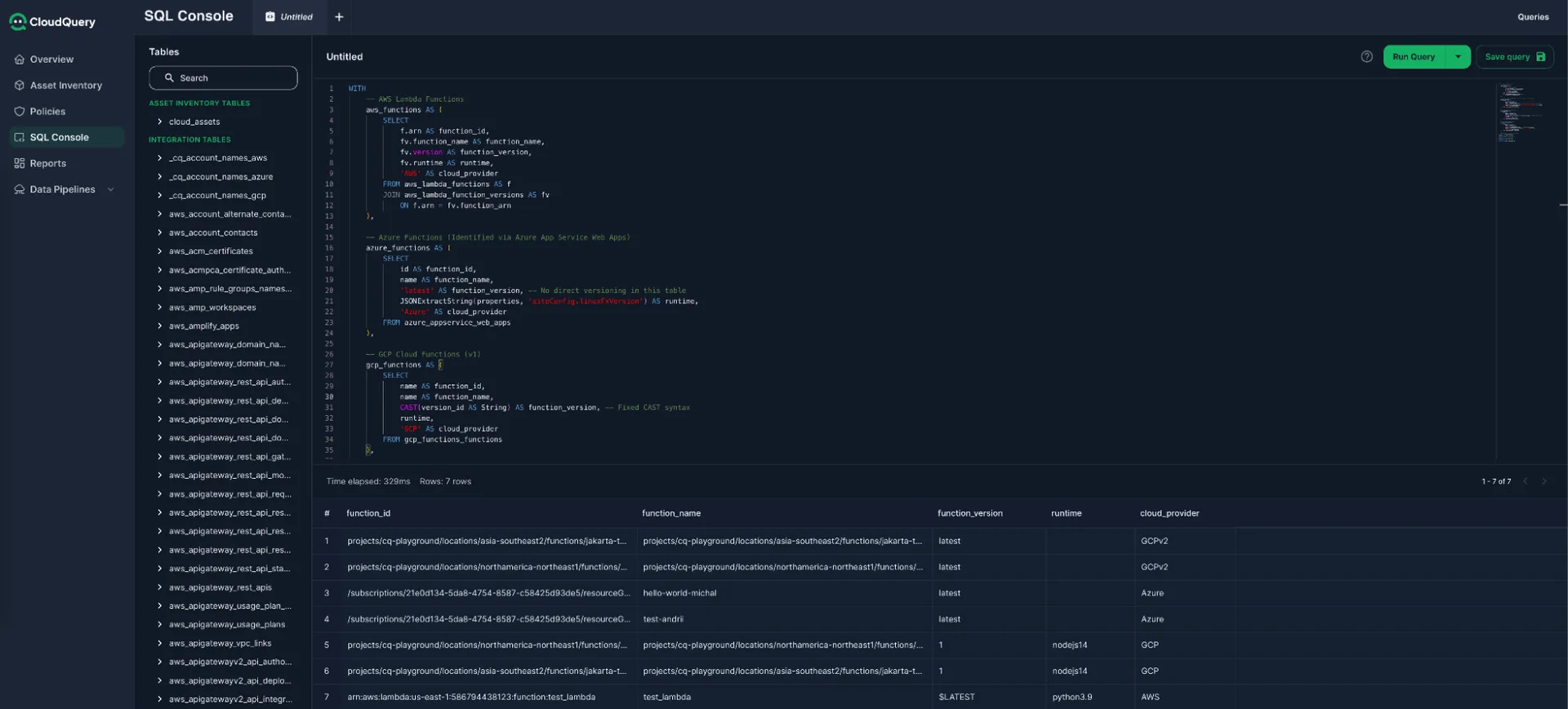 CloudQuery SQL Console running a query to identify outdated serverless functions across AWS, Azure, and GCP, displaying results in a unified table.