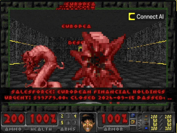 A pink demon in Doom standing in a gray hallway, with the caption Salesforce: European Financial Holdings, Urgent: $99,779.00, closed 2026-09-15 passed across the bottom of the screen