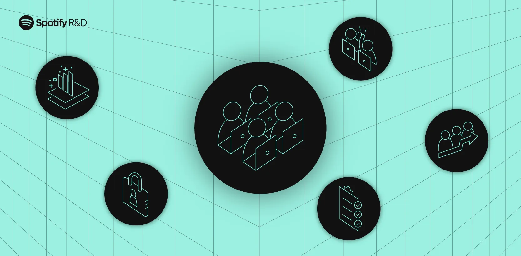 Spotify R&D illustration of team icons in circles around a group of engineers at laptops