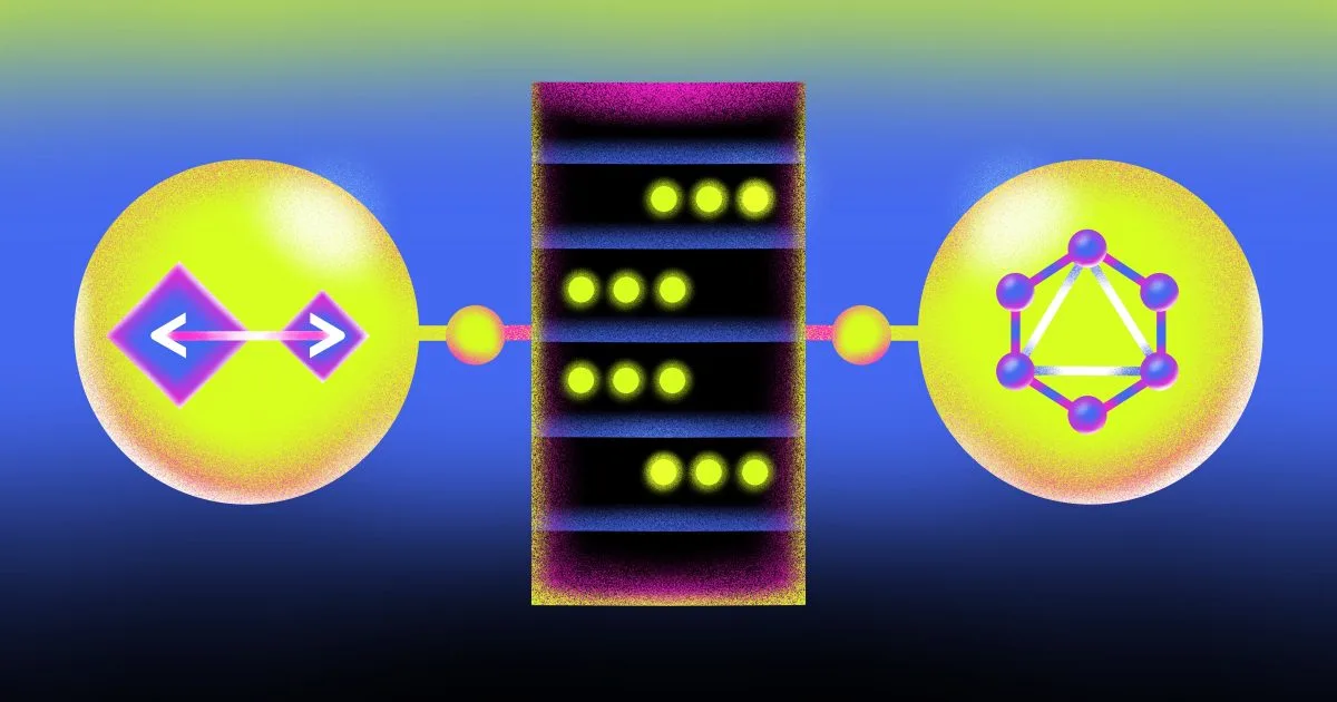 Illustration of a server stack connected to a REST arrows icon on one side and a GraphQL logo on the other