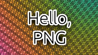 The words Hello, PNG over a rainbow grid of pixels