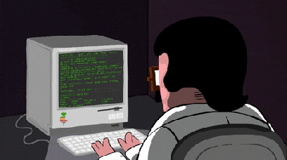 Cartoon of a person typing at a computer.