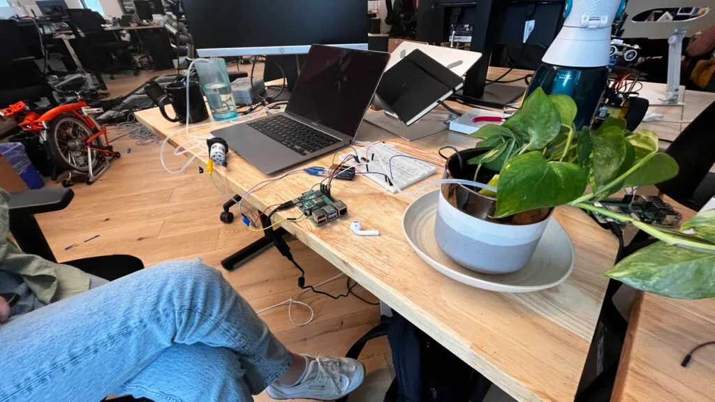 Viam intern, Olivia Miller, works on developing a Plantbot that waters the plant when it's dry.