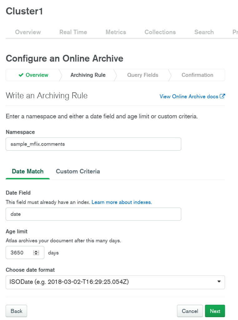 Screenshot from Atlas Online Archive configuration page showing the fields as filled in for this demo.