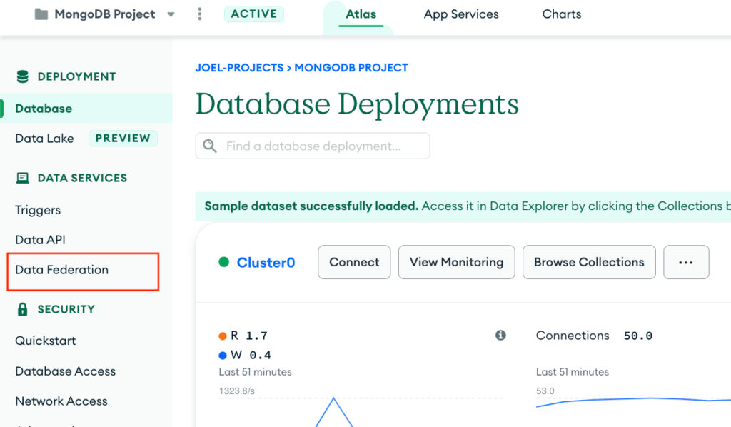Screenshot from the MongoDB Atlas cluster overview page with a red box highlighting the Data Federation navigation button on the right side of the screen.