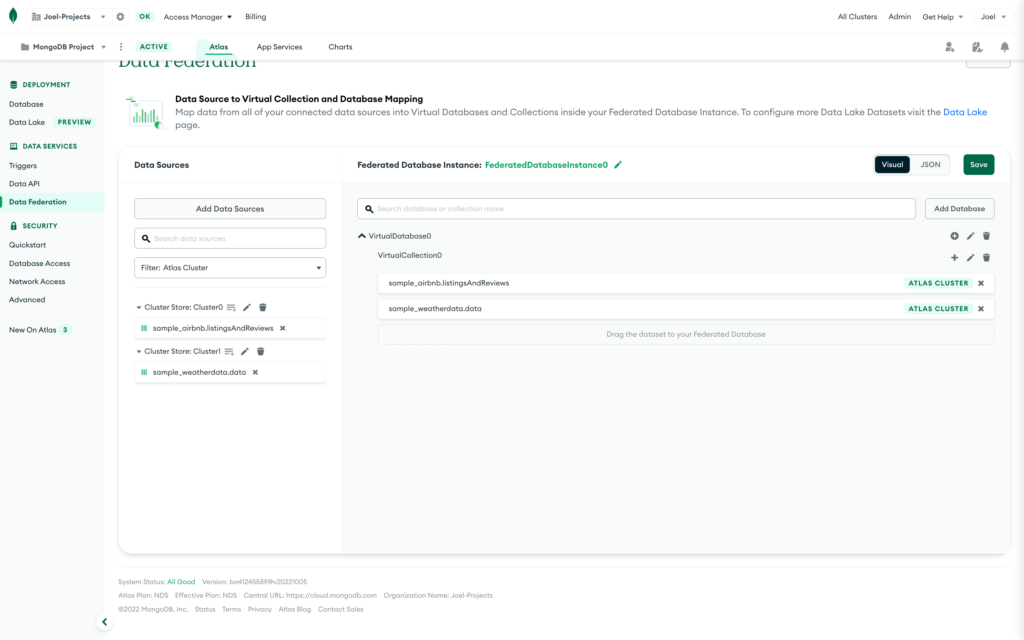 Screenshot from the MongoDB Atlas Data Lake overview page with a red box highlighting the data sources we created in the previous step and how I positioned them in the data federation.