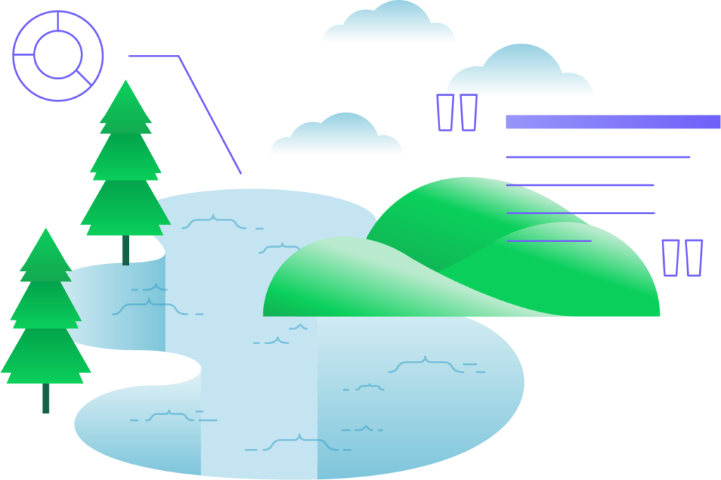 MongoDB Atlas Data Lake design graphic showing a lake with JSON brackets for waves and a sample data overlay.